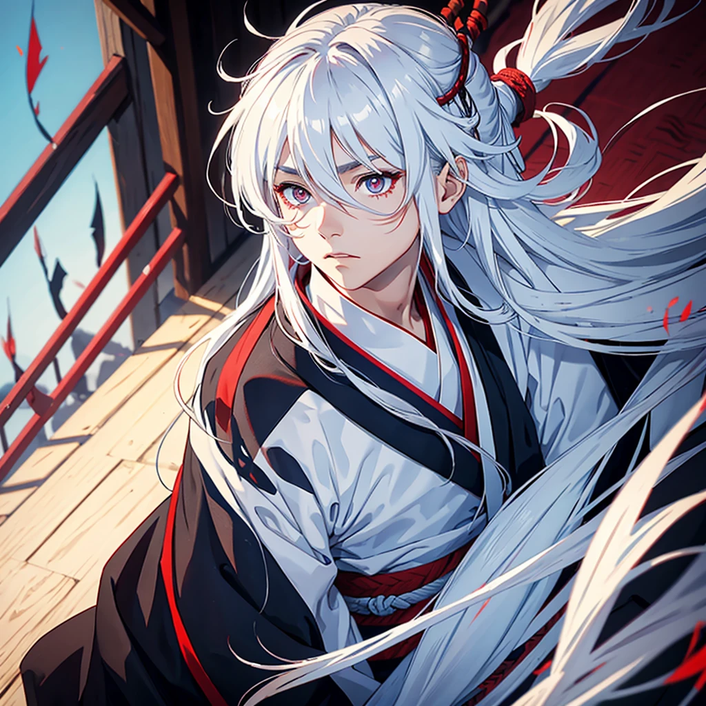 One boy as a samurai with long white hair and red left eyes blue right eyes