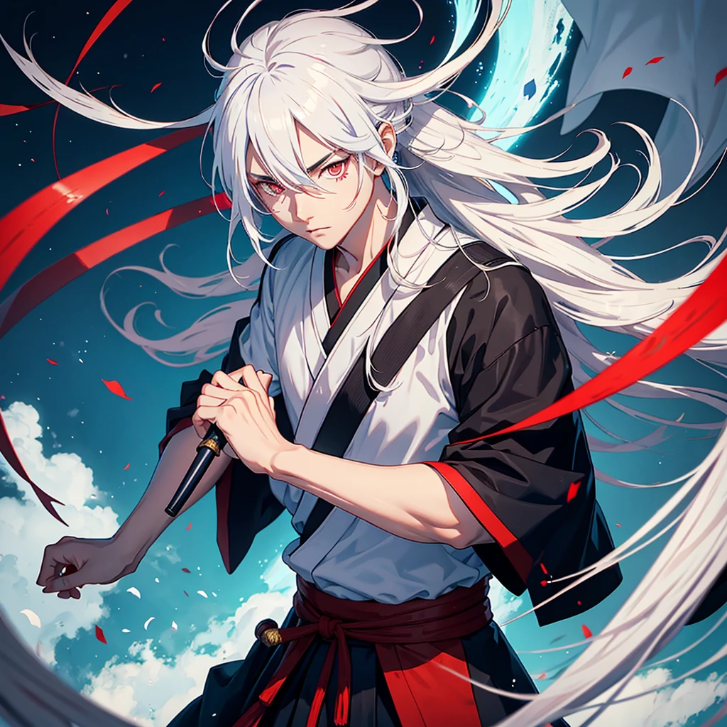 One boy as a samurai with long white hair and red left eyes blue right eyes 