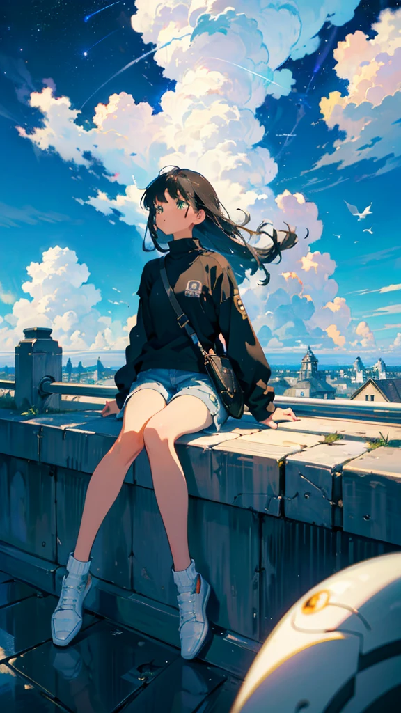 masterpiece, Exquisite detail,Highest quality, One girl, alone, handrail, cloud, Looking up at the buildings,Long Hair, zero, Long sleeve, Power lines, White footwear, Black Hair, View your viewers, Electric pole, bangs, cloudy zero, fish, bird, Green Eyes, Shorts, Day, Black Shirt, barefoot,Whale flying in the sky,Giant whale,night,Star,milky way,night,Pitch black,Buildings,Sitting,bright,noon,sun,Shine,顔アップ,zoom up