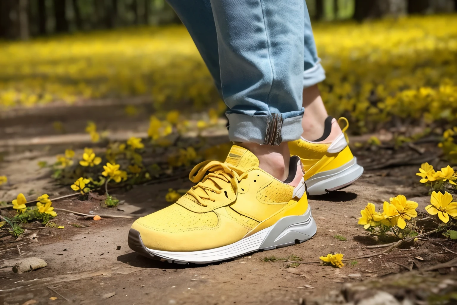 Photo of a weathered man. The camera angle is from high down, focusing on the feet wearing sneakers on the forest floor. Around the feet are many yellow flowers, small petals dotted on the ground, creating a circle around the feet.