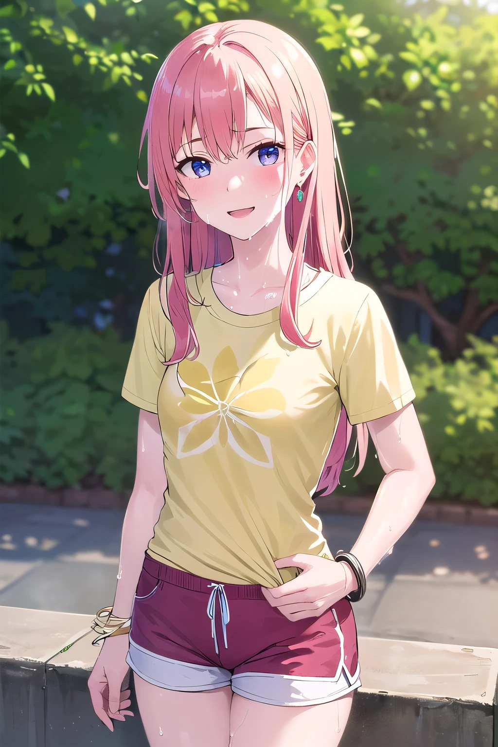(8K, top-quality, masterpiece:1.2), (reallistic, Photorealsitic:1.37), Super Detail, One girl,), (Highly detailed), (beautifully detailed eyes), (of the highest quality), (super detailed ), (masterpiece), (Detailed face),20yr old, ,1 girl, ((pink hair,long hair)), medium breasts, clothed, Perfect Lighting, BREAK, (bright lemon yellow t-shirt:1.3), (small floral print:1.1), (striped linen shorts:1.2), (lightweight cotton fabric:1.1), (rolled-up sleeves:1.1), (cuffed hems:1.1), (white ankle socks:1.1), (white sneakers:1.1), (delicate floral earrings:1.1), (thin gold bracelet:1.1), BRAKE, (upper body to thighs:1.1), (long pink hair:1.1), (waves:1.1), (smiling:1.1), (facing forward:1.1), (looking slightly away:1.1), (hands on head:1.1), (one foot forward:1.1), (summer park:1.1), (soft lighting:1.1), BRAKE (sweat:1.5), (steam:1.2), (girl trembling with sexual climax:1.1), (looking at viewer:1.3),