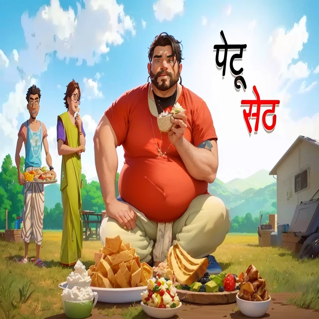 there is a man sitting on the ground with a plate of food, food advertisement, movie promotional image, food commercial 4 k, giant and fat, animation film still, tv commercial, ad image, 8 k cartoon illustration, digital cartoon painting art, cartoon still, big budget movie scene, cartoon digital painting, mobile game, official art, promotional art, eye level view
