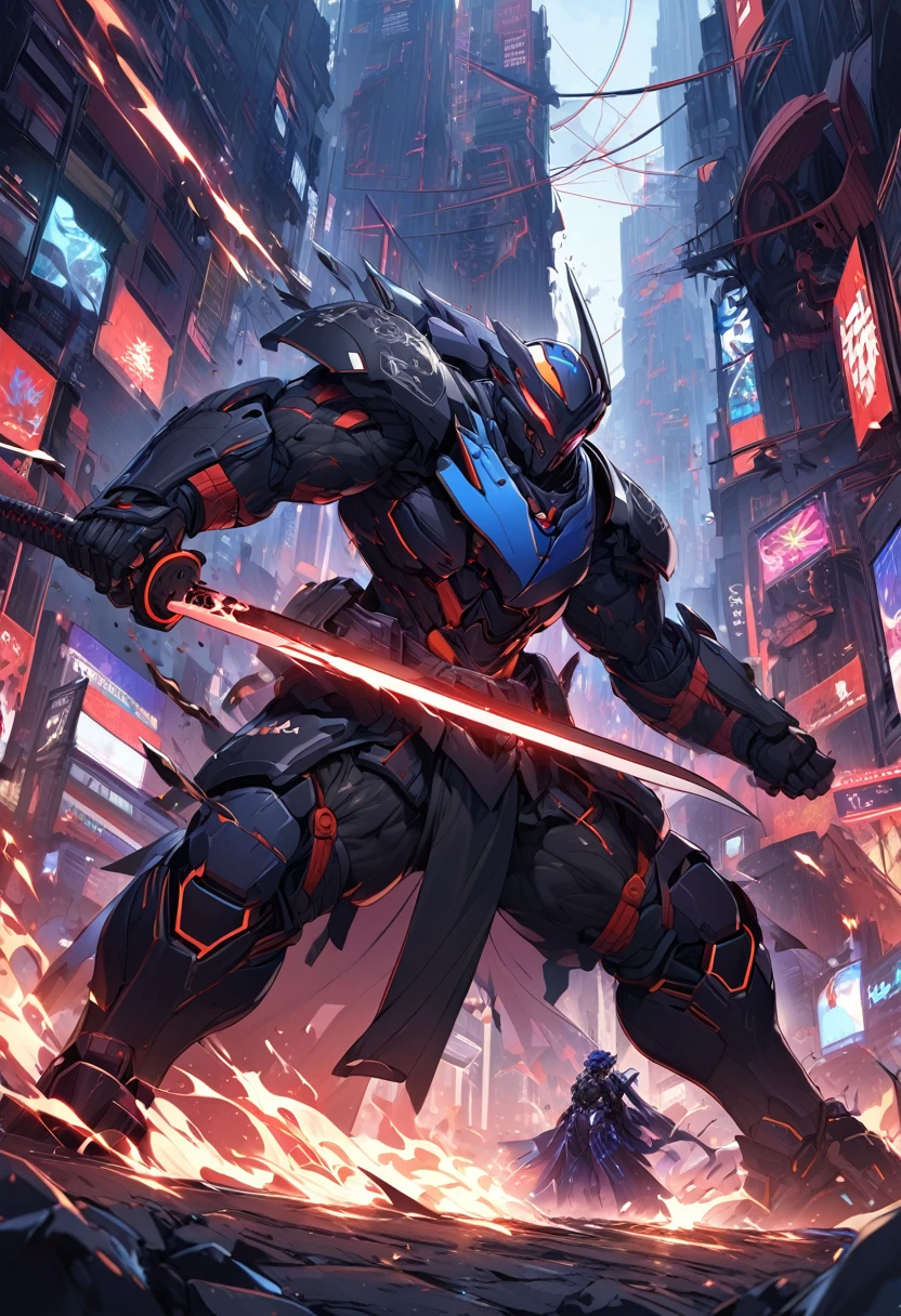 "Create a dynamic and intense scene featuring a cybernetic human ninja clashing with a formidable, larger cybernetic martial artist. The ninja, agile and sleek, wields a sword in each hand, their futuristic battle armor glinting under the neon lights of the dystopian cityscape. The armor is a blend of matte black and iridescent blue, with intricate circuitry patterns glowing faintly, highlighting the ninja's movements. The ninja's face is partially concealed by a high-tech mask, eyes glowing a piercing electric blue, exuding an aura of deadly precision.

Opposite the ninja stands the larger cybernetic martial artist, towering and imposing, with a frame reinforced by bulky, advanced cybernetics. Their battle armor is rugged and industrial, a stark contrast to the ninja's sleek gear, with patches of scorched metal and heavy plating that speaks of many battles fought. Their eyes, a glowing crimson, lock onto the ninja with a fierce intensity. The martial artist's hands are equipped with powerful, reinforced knuckles, ready to deliver devastating blows.

The backdrop is a futuristic urban battlefield, with towering skyscrapers, flickering holographic advertisements, and the distant hum of flying vehicles. Sparks fly as the ninja's swords clash with the martial artist's cybernetic limbs, creating a thrilling and high-stakes atmosphere. Capture the fluid motion, the clash of metal, and the sheer energy of this epic confrontation in a visually stunning and highly detailed artwork."