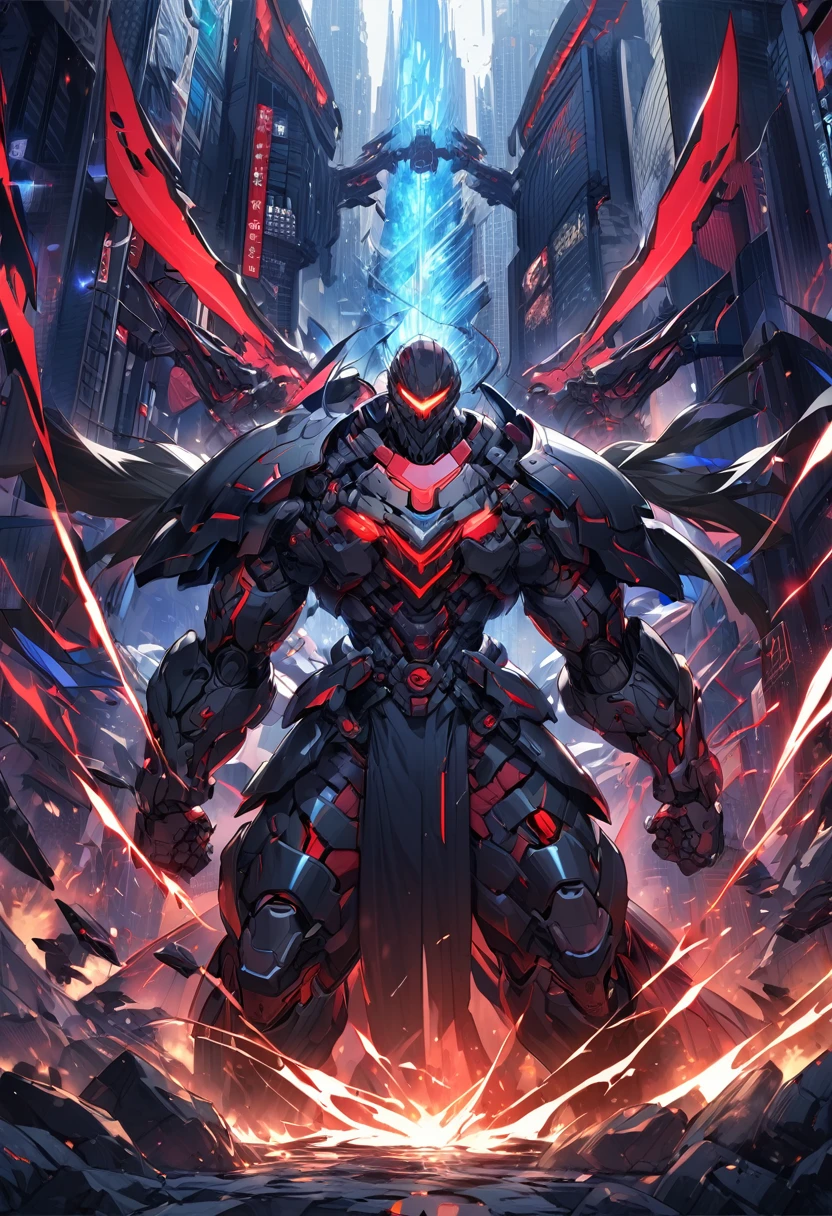 "Create a dynamic and intense scene featuring a cybernetic human ninja clashing with a formidable, larger cybernetic martial artist. The ninja, agile and sleek, wields a sword in each hand, their futuristic battle armor glinting under the neon lights of the dystopian cityscape. The armor is a blend of matte black and iridescent blue, with intricate circuitry patterns glowing faintly, highlighting the ninja's movements. The ninja's face is partially concealed by a high-tech mask, eyes glowing a piercing electric blue, exuding an aura of deadly precision.
Opposite the ninja stands the larger cybernetic martial artist, towering and imposing, with a frame reinforced by bulky, advanced cybernetics. Their battle armor is rugged and industrial, a stark contrast to the ninja's sleek gear, with patches of scorched metal and heavy plating that speaks of many battles fought. Their eyes, a glowing crimson, lock onto the ninja with a fierce intensity. The martial artist's hands are equipped with powerful, reinforced knuckles, ready to deliver devastating blows.
The backdrop is a futuristic urban battlefield, with towering skyscrapers, flickering holographic advertisements, and the distant hum of flying vehicles. Sparks fly as the ninja's swords clash with the martial artist's cybernetic limbs, creating a thrilling and high-stakes atmosphere. Capture the fluid motion, the clash of metal, and the sheer energy of this epic confrontation in a visually stunning and highly detailed artwork."