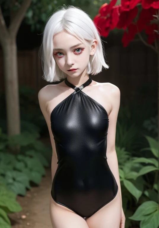 ,flat chested, flat stomach, tiny body, small stature, high quality image of an anime-style gothic girl, the girl has a very thin body, the girl has short legs, her face is sad, the girl has white skin, the girl has very small breasts, The girl is slightly blushing, the girl has little ears, the girl has white hair, the girl has short hair, the girl is posing sexy, the girl is wearing a sexy black tight leotard, the girl's eyes are bright red, the girl has very marked black eyeliner, The background of the image is a night garden with luminous ghosts,