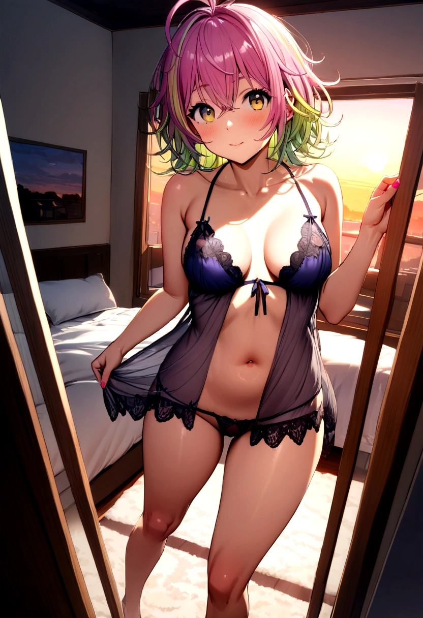a girl standing, Hagakure Toru, lace babydoll, medium breasts, through babydoll, small nippless, lace g-string, sexy legs, beautiful legs, perfect body, detailed, Masterpiece. bedroom, sunrise