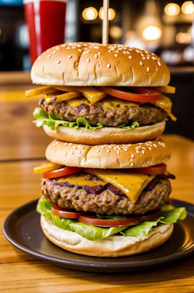 Photo of a hamburger taken from a cell phone on a restaurant table 
