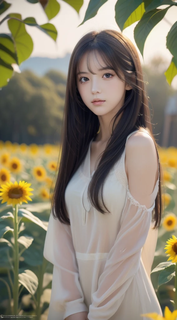 (masterpiece:1.3), (best quality:1.1), (8k, ultra detailed, ultra high res:1.2), ((anime style)), perfect 5 fingers, perfect anatomy, 1girl, long hair, black hair, Double eyelid, outdoor, outside, sunflower field, upper body,