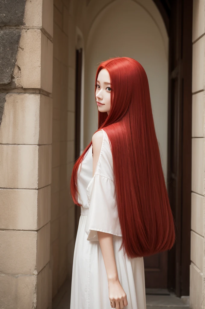 Woman with long straight red hair
