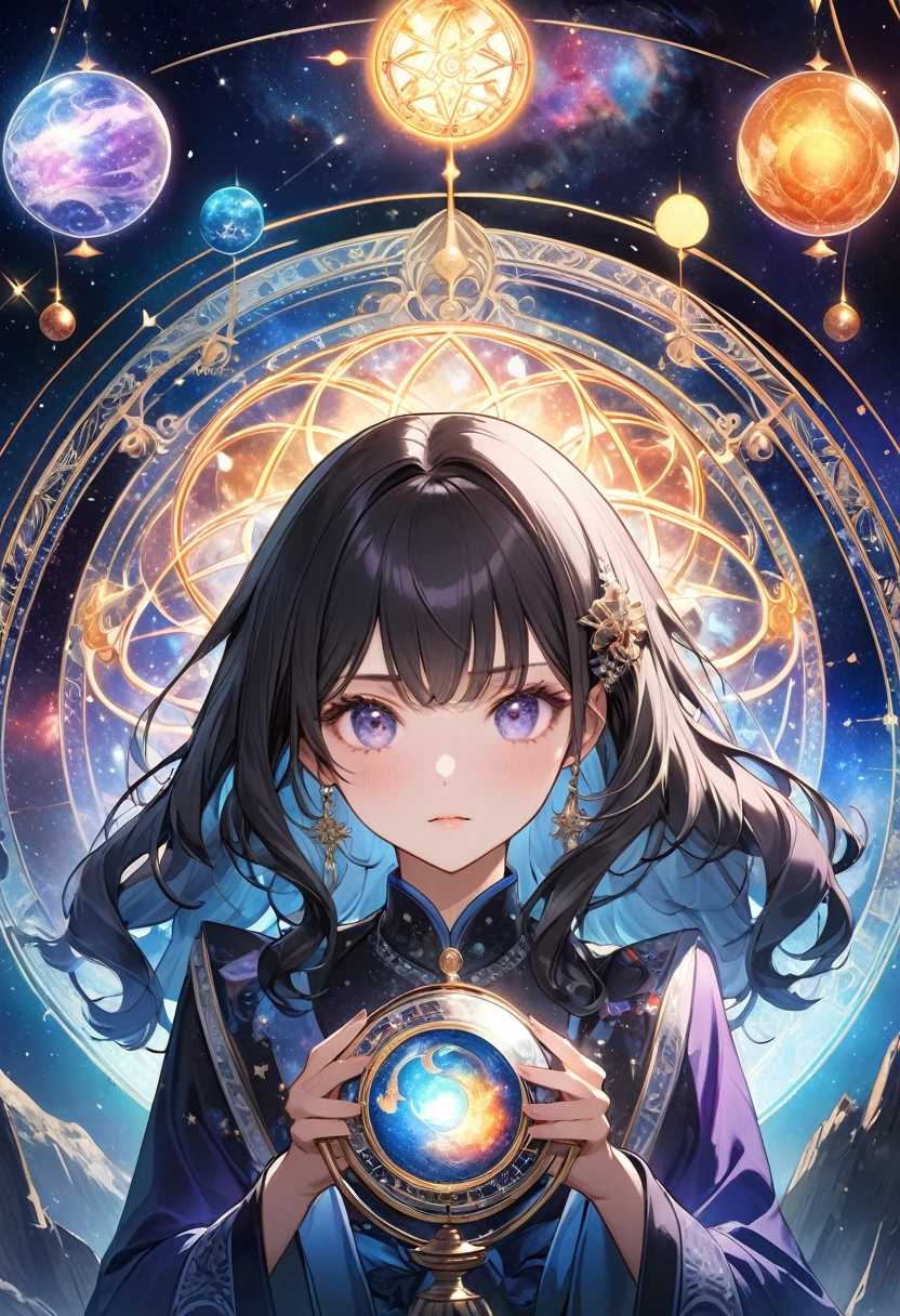 最Highest quality, Highest quality, 16K, Unbelievably absurd, Very detailed, 2.5D, delicate and dynamic, , formal, universe, Night Sky, Crescent Moon, constellation, Gorgeous nebula, meteor, lake, lake面に月が映る, Tarot Cards, Giant magic circle, A complex magic circle, Colorful magic circle, A colorful celestial globe, Small face, Very delicate facial expressions, Delicate eye depiction, Upper body close-up, erotic, One sexy woman, Cool woman, black long wavy hair, Healthy body shape, 25-year-old woman, Cool woman, Height: 170cm, huge bouncing busts, astrologer, Horoscope, Tarot Cards, Calm expression, A complex magician's outfit, Magician's outfit in chic colors, garter belt, Fishnet tights, Magician's Shoes, Fortune telling, Declare, Tarot Cardsを配る, Tarot Cardsをばらまく