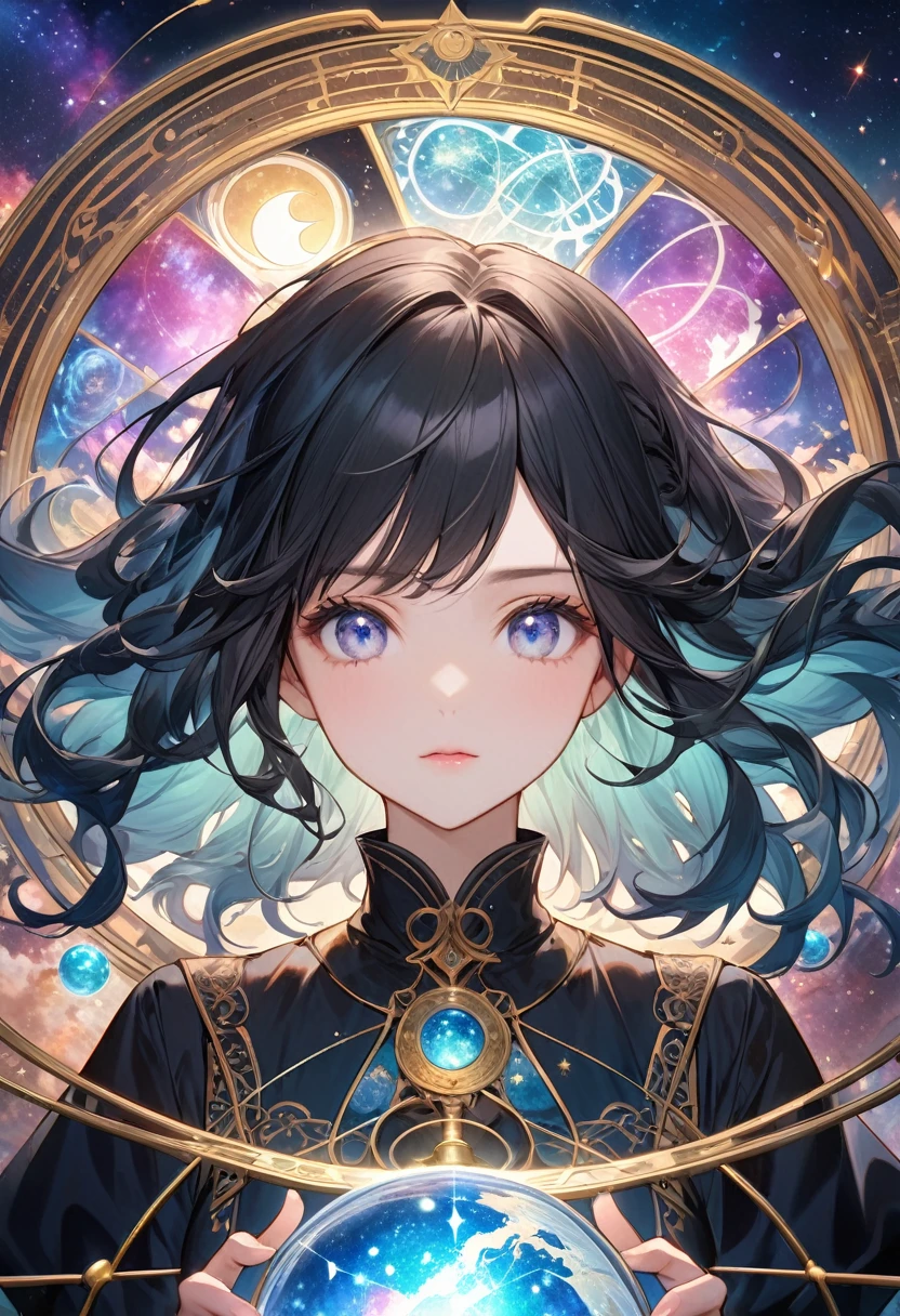 最Highest quality, Highest quality, 16K, Unbelievably absurd, Very detailed, 2.5D, delicate and dynamic, , formal, universe, Night Sky, Crescent Moon, constellation, Gorgeous nebula, meteor, lake, lake面に月が映る, Tarot Cards, Giant magic circle, A complex magic circle, Colorful magic circle, A colorful celestial globe, Small face, Very delicate facial expressions, Delicate eye depiction, Upper body close-up, erotic, One sexy woman, Cool woman, black long wavy hair, Healthy body shape, 25-year-old woman, Cool woman, Height: 170cm, huge bouncing busts, astrologer, Horoscope, Tarot Cards, Calm expression, A complex magician's outfit, Magician's outfit in chic colors, garter belt, Fishnet tights, Magician's Shoes, Fortune telling, Declare, Tarot Cardsを配る, Tarot Cardsをばらまく