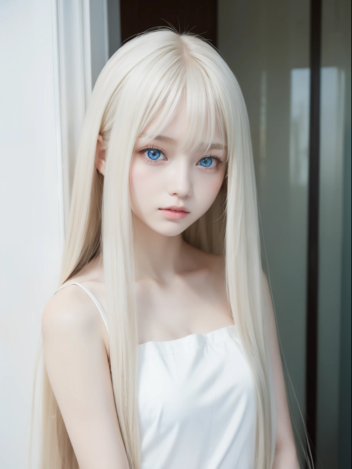 Super long straight hair、girl posing with white top、Real life girls、Face Over Bangs、 girl、Beautiful platinum blonde girl、very beautiful big pale blue eyes、Clear double eyelids、