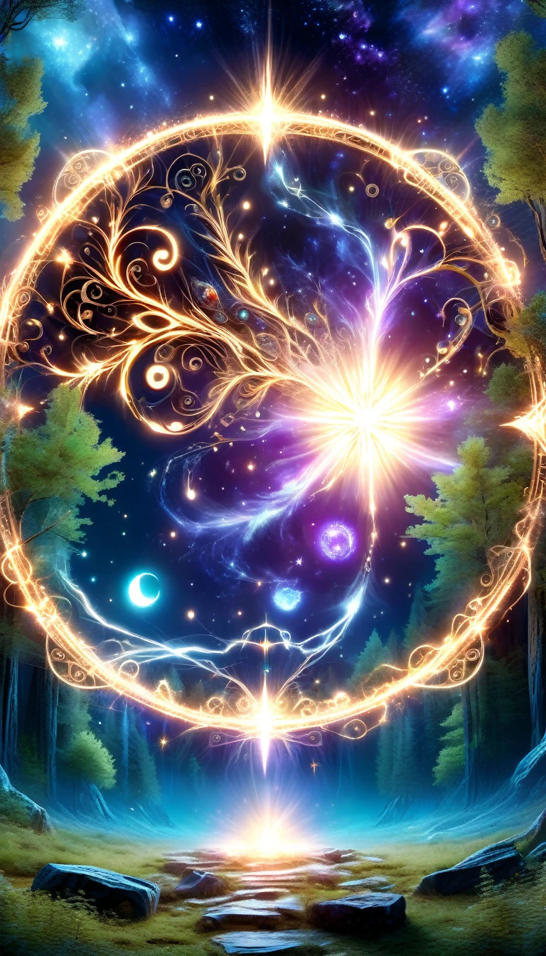 (Dark Fantasy),(Ultra wide angle),In an ancient forest wasteland, The ancient stone magic circle predates all recorded history. It is composed of countless huge rocks, Each one has signs of erosion., Arranged into a perfect six-pointed star,Point to each constellation, As if connected to the power of the universe. At its center, The ground is engraved with complex runes and mysterious patterns.,In the moonlight, the light is blue, As part of the summoning ritual,It is also a container of power., Peak electricity consumption at night. The surrounding forest seemed to avoid, The branches are curved,Whisper. When the stars align on a special night, The energy of the sky resonates with the runes of the circle, Slowly open a crack,Inside is a creature with eyes like burning coals, Made of darkness and fear, Get out, Every step you take,The earth will tremble. This scene depicts a mysterious and dangerous moment,An ancient magic circle summons an entity under the watchful eyes of the ancient forest.,(masterpiece,best quality,Ultra HD,Extremely detailed,illumination)