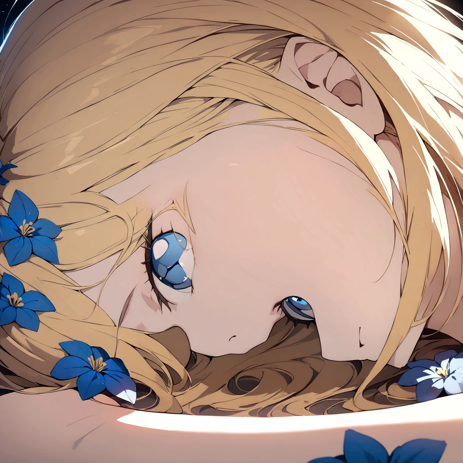 ((masterpiece:1.2, best quality)), (close-up:1.2), (head-shot:1.36), (perfect proportion), ultra detailed, Ultra-precise depiction, Ultra-detailed depiction, dramatic lighting, 1girl, solo, yellow hair, blue eyes, laying on blue flowers, 