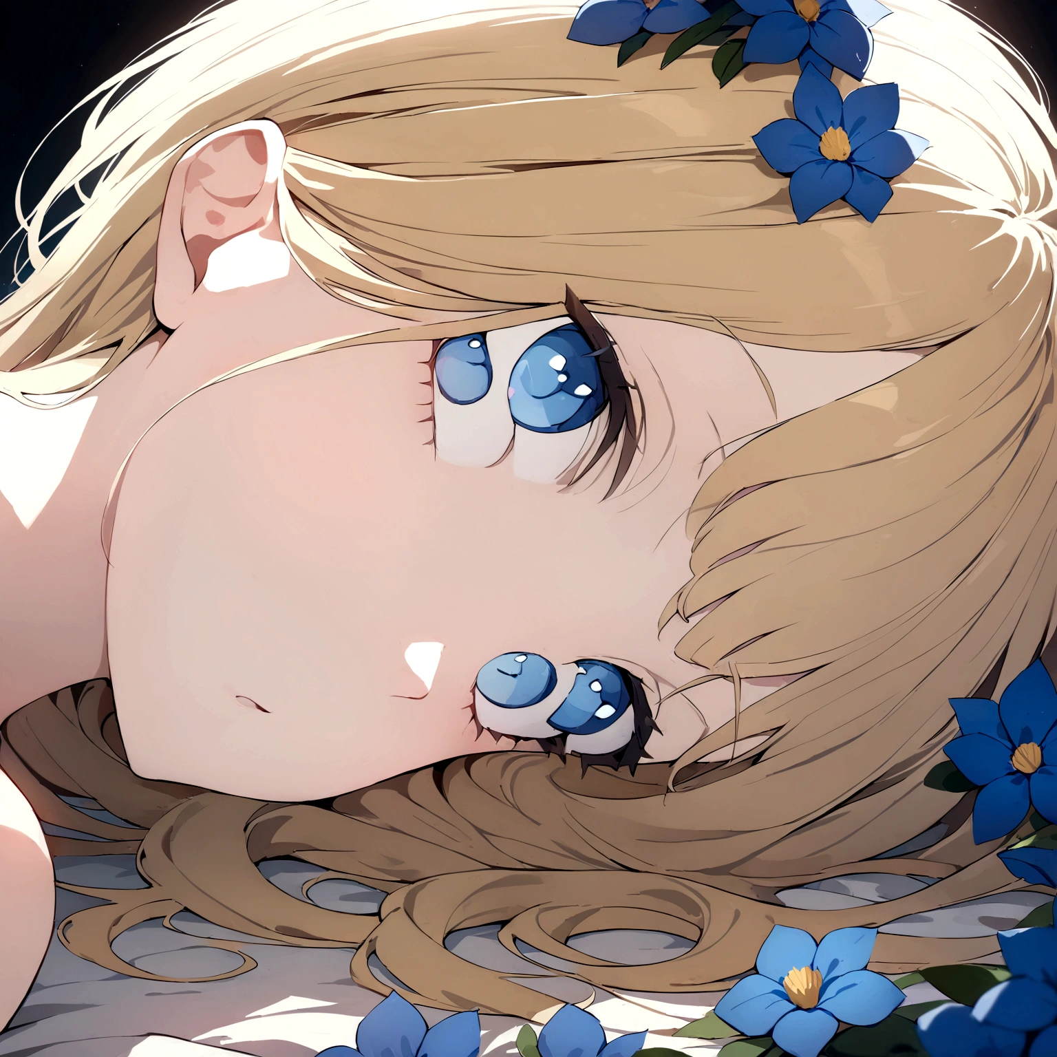 ((masterpiece:1.2, best quality)), (close-up:1.2), (head-shot:1.36), (perfect proportion), ultra detailed, Ultra-precise depiction, Ultra-detailed depiction, dramatic lighting, 1girl, solo, yellow hair, blue eyes, laying on blue flowers, 