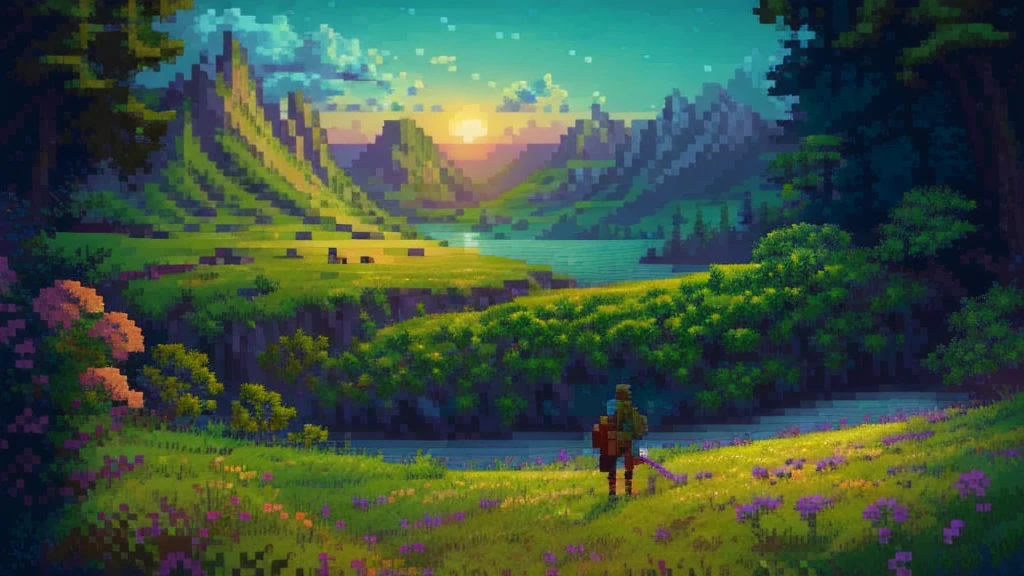 Create a 720-bit style image of an adventurer standing at the edge of a cliff, gazing out at a detailed, vibrant horizon. The adventurer is equipped with a sword and backpack, and the landscape below features intricately designed mountains, forests, and a winding river. The setting sun casts a dynamic array of colors across the sky and the terrain, enhancing the high-resolution pixel art.