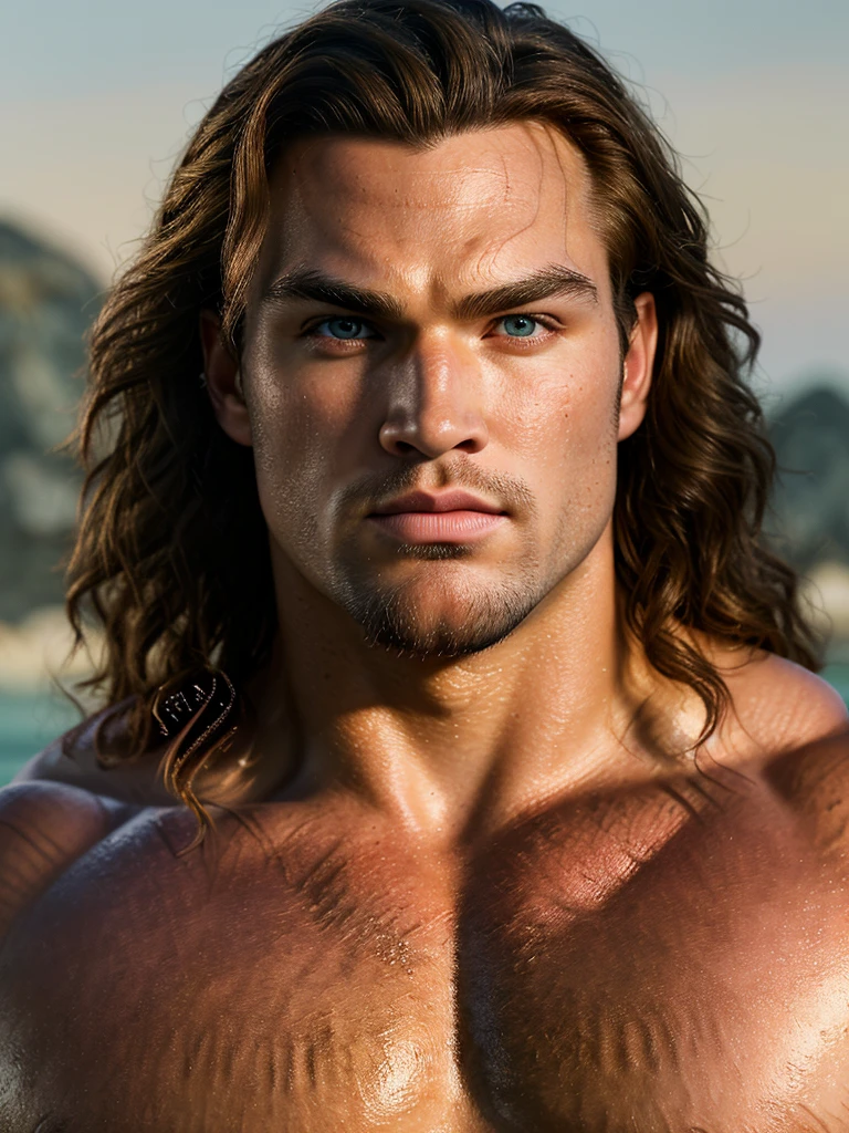 realistic, ((masterpiece)), ((best quality)), (detailed), cinematic, dynamic lighting, soft shadow, detailed background, professional photography, depth of field, intricate, detailed face, subsurface scattering, realistic hair, realistic eyes, muscular, manly, photo of a handsome man, aquaman