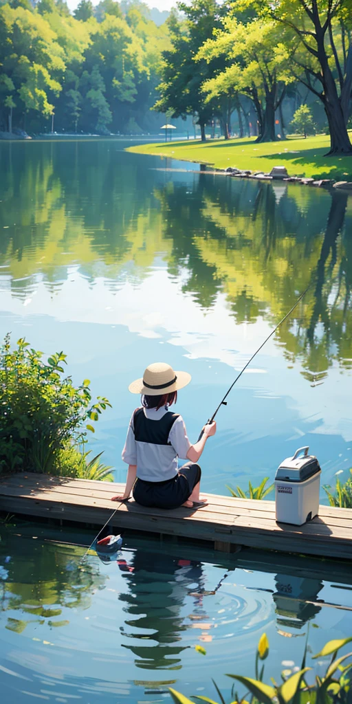 Woman fishing alone on a lake、Long fishing rod、Daytime、Sit by the lake、I'm a little 、Wearing a hoodie、summer、Crystal clear water