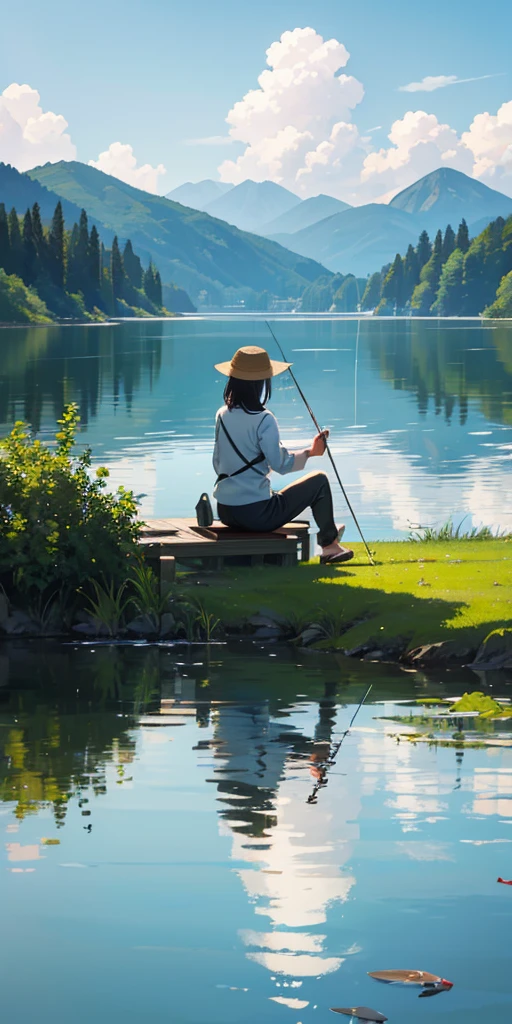 Woman fishing alone on a lake、Long fishing rod、Daytime、Sit by the lake、I&#39;m a little 、Wearing a hoodie、summer、Crystal clear water