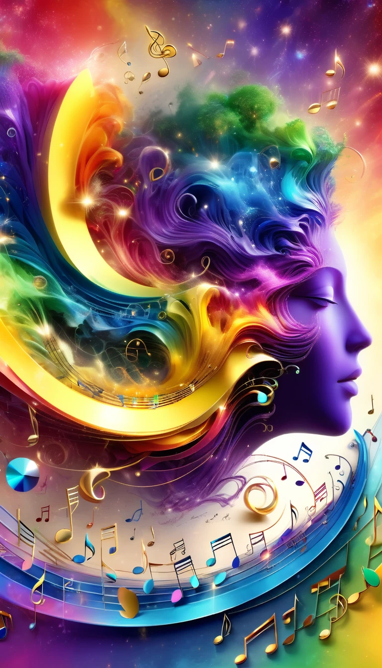 Produced by AIS-RCN, 8k Photo, "Character, Rainbow colored musical notes, Jump out of the Golden Horn, Transform your ideas into exquisite works of art.", Flexible, spotlight、