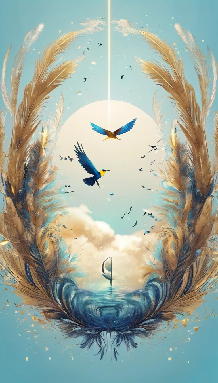 Create a professional, fantastic, cinematic dream-like Youtube Banner for a brand about music, stories, fantasy and dreams called " Penamemoria". Masterpiece, 4k, sharp focus, highest quality,wide shot. The title is " Penamemoria". Is a brand about the creative, unique journey of a boy into becoming a musician storyteller. In his journey he finds inspiration in a world of birds and feathers. Minimalistic, simple, poetic, dreamy logotype at the center of the image. The Background image is a world full of fantastic feathers, unique birds, light blue sky, soft white and light golden. Logo design of a face of a boy and a face of a feather