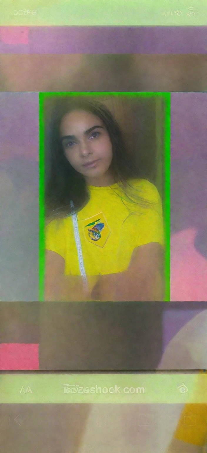 a close-up of a person wearing a green and yellow shirt, malika favre, looks like fabiula natal, very low quality image, fernanda suarez, 1 8 are, 18 years old, officer, brazileiro, magnetic years, Marisha Becker, she is around , in sao paulo, frontal image