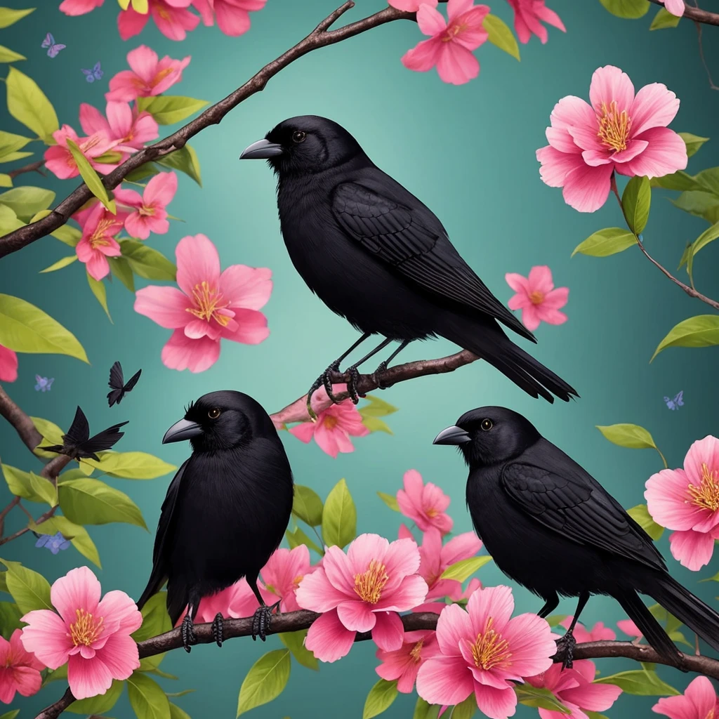 a black bird sitting on a branch with flowers and butterflies, cyberpunk art by Ryan Yee, trending on cgsociety, fantasy art, birds f cgsociety, 🌺 cgsociety, art contest winner on behance, crows beautiful, detailed crow illustration, jen bartel, beautiful illustration, trending on cgsociety art, cgsociety saturated colors, [ trending on cgsociety ]!!