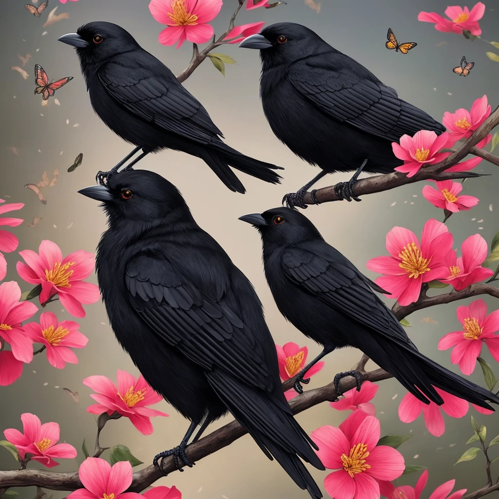 a black bird sitting on a branch with flowers and butterflies, cyberpunk art by Ryan Yee, trending on cgsociety, fantasy art, birds f cgsociety, 🌺 cgsociety, art contest winner on behance, crows beautiful, detailed crow illustration, jen bartel, beautiful illustration, trending on cgsociety art, cgsociety saturated colors, [ trending on cgsociety ]!!