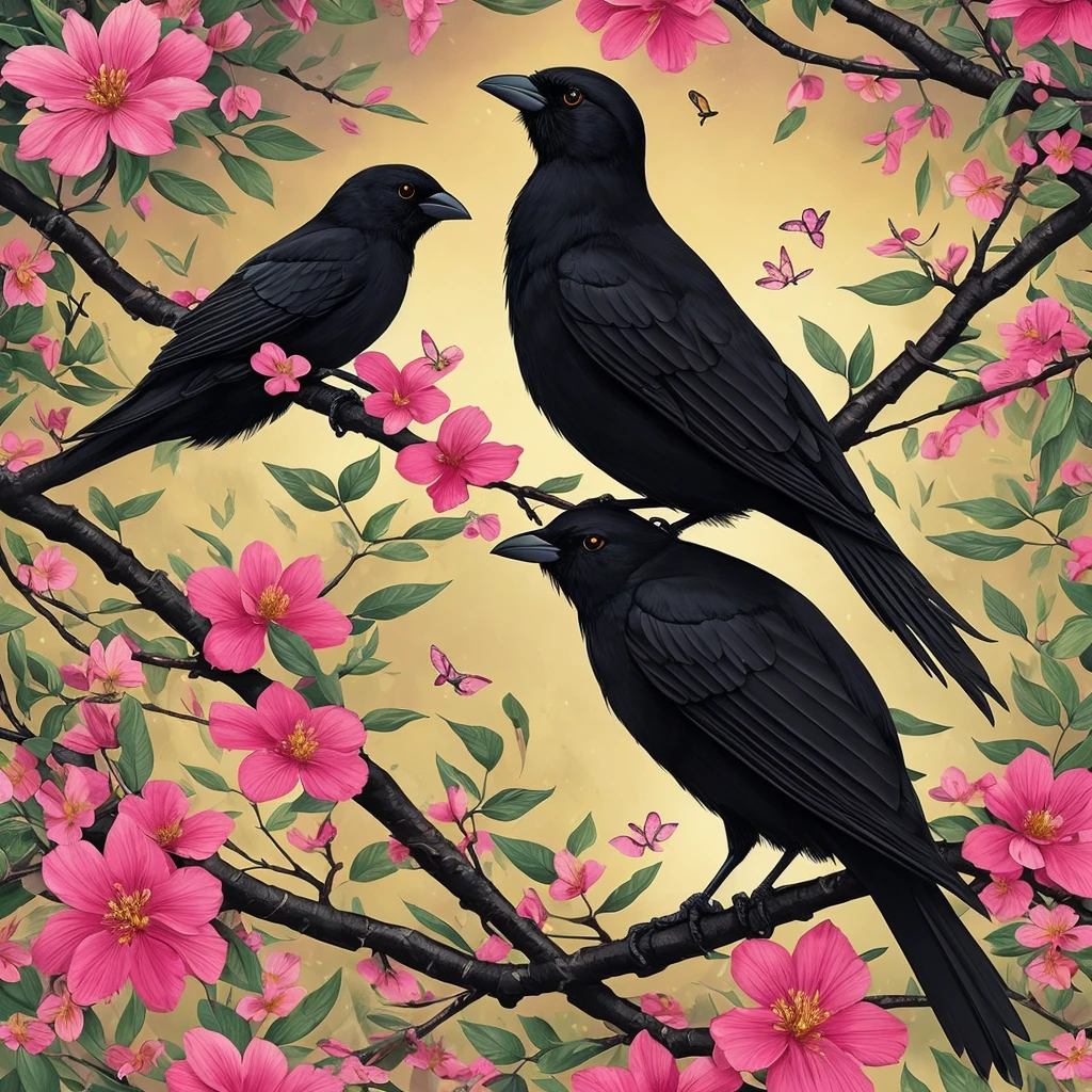 a black bird sitting on a branch with flowers and butterflies, cyberpunk art by Ryan Yee, trending on cgsociety, fantasy art, birds f cgsociety, 🌺 cgsociety, art contest winner on behance, crows beautiful, detailed crow illustration, jen bartel, beautiful illustration, trending on cgsociety art, cgsociety saturated colors, [ trending on cgsociety ]!!