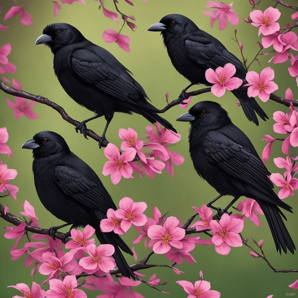 a black bird sitting on a branch with flowers and butterflies, cyberpunk art by Ryan Yee, trending on cgsociety, fantasy art, birds f cgsociety, 🌺 cgsociety, art contest winner on behance, crows beautiful, detailed crow illustration, jen bartel, beautiful illustration, trending on cgsociety art, cgsociety saturated colors, [ trending on cgsociety ]!!