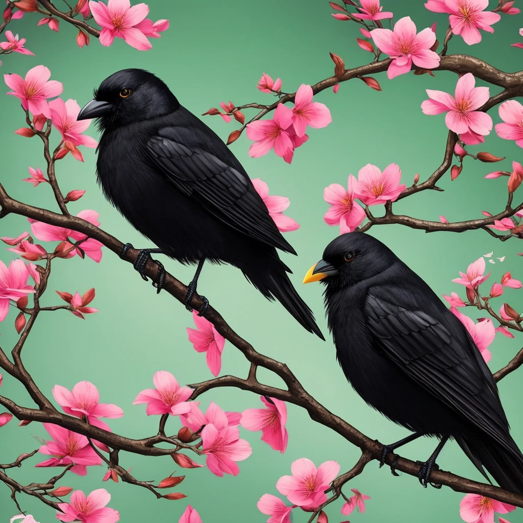 a black bird sitting on a branch with flowers and butterflies, cyberpunk art by Ryan Yee, trending on cgsociety, fantasy art, birds f cgsociety, 🌺 cgsociety, art contest winner on behance, crows beautiful, detailed crow illustration, jen bartel, beautiful illustration, trending on cgsociety art, cgsociety saturated colors, [ trending on cgsociety ]!!