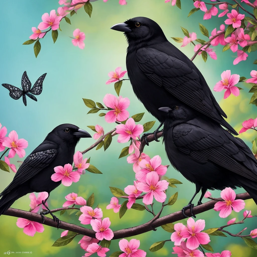 a black bird sitting on a branch with flowers and butterflies, birds f cgsociety, by Ryan Yee, by Gonzalo Endara Crow, 🌺 cgsociety, art contest winner on behance, crows beautiful, detailed crow illustration, jen bartel, beautiful illustration, by Jason Chan, trending on cgsociety art, by Justin Gerard, by Oliver Sin, cgsociety saturated colors