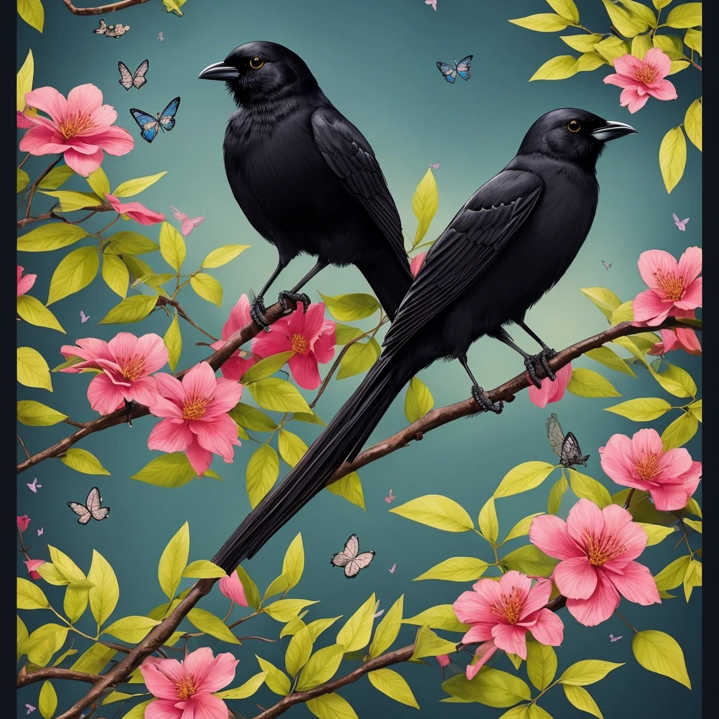 a black bird sitting on a branch with flowers and butterflies, cyberpunk art by Ryan Yee, trending on cgsociety, fantasy art, birds f cgsociety, 🌺 cgsociety, art contest winner on behance, crows beautiful, detailed crow illustration, jen bartel, beautiful illustration, trending on cgsociety art, cgsociety saturated colors, [ trending on cgsociety ]!!