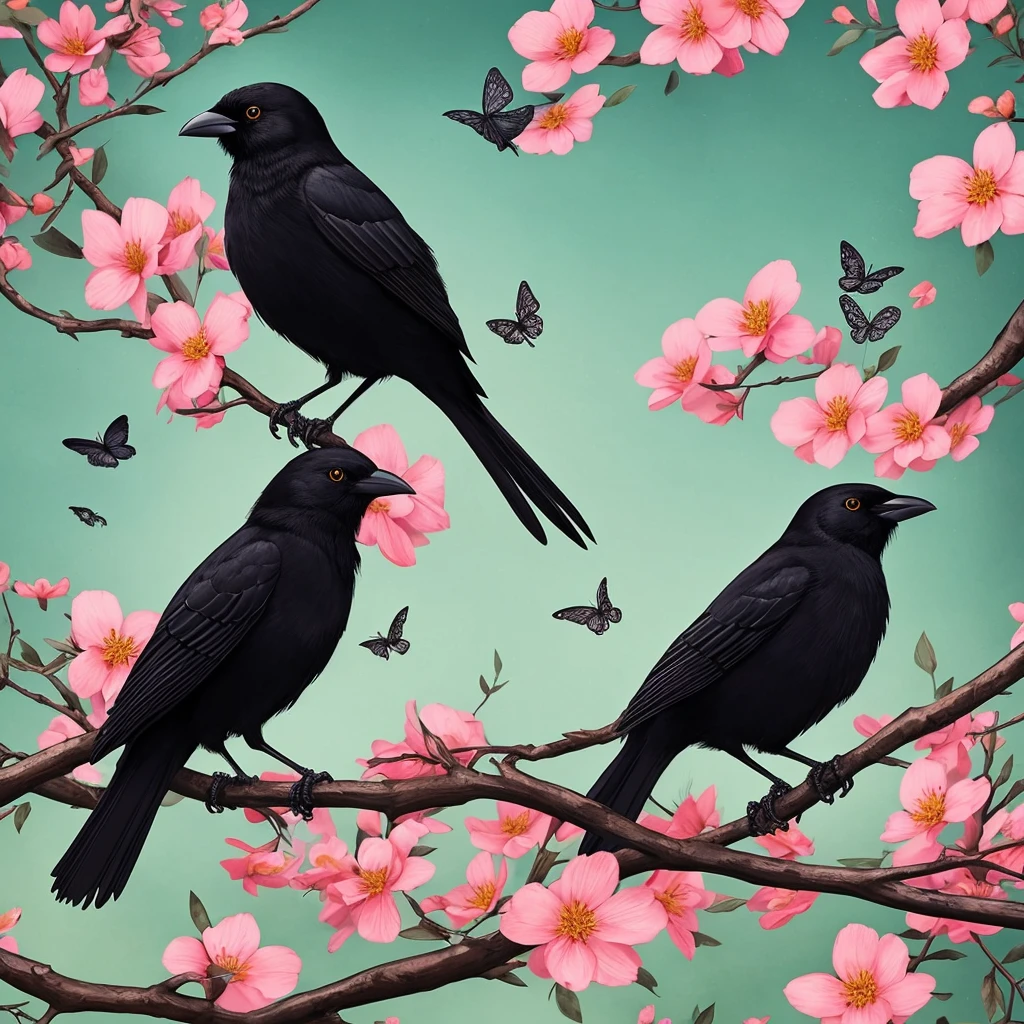 a black bird sitting on a branch with flowers and butterflies, cyberpunk art by Ryan Yee, trending on cgsociety, fantasy art, birds f cgsociety, 🌺 cgsociety, art contest winner on behance, crows beautiful, detailed crow illustration, jen bartel, beautiful illustration, trending on cgsociety art, cgsociety saturated colors, [ trending on cgsociety ]!!