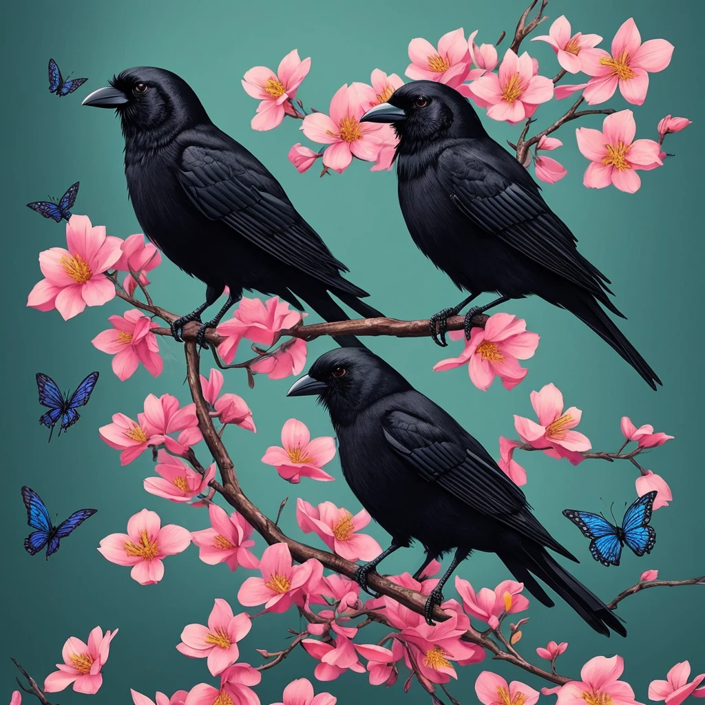 a black bird sitting on a branch with flowers and butterflies, cyberpunk art by Ryan Yee, trending on cgsociety, fantasy art, birds f cgsociety, 🌺 cgsociety, art contest winner on behance, crows beautiful, detailed crow illustration, jen bartel, beautiful illustration, trending on cgsociety art, cgsociety saturated colors, [ trending on cgsociety ]!!