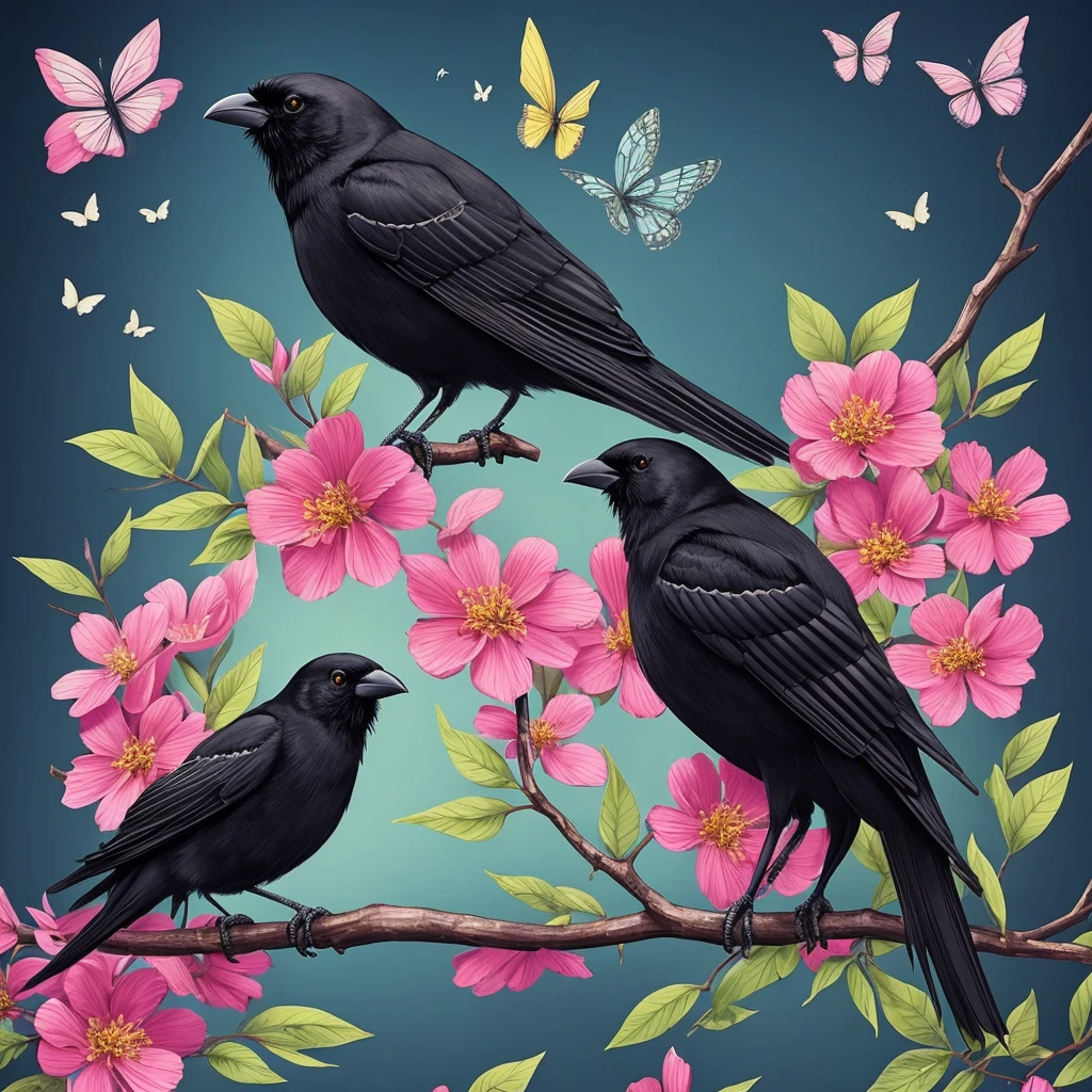 a black bird sitting on a branch with flowers and butterflies, cyberpunk art by Ryan Yee, trending on cgsociety, fantasy art, birds f cgsociety, 🌺 cgsociety, art contest winner on behance, crows beautiful, detailed crow illustration, jen bartel, beautiful illustration, trending on cgsociety art, cgsociety saturated colors, [ trending on cgsociety ]!!