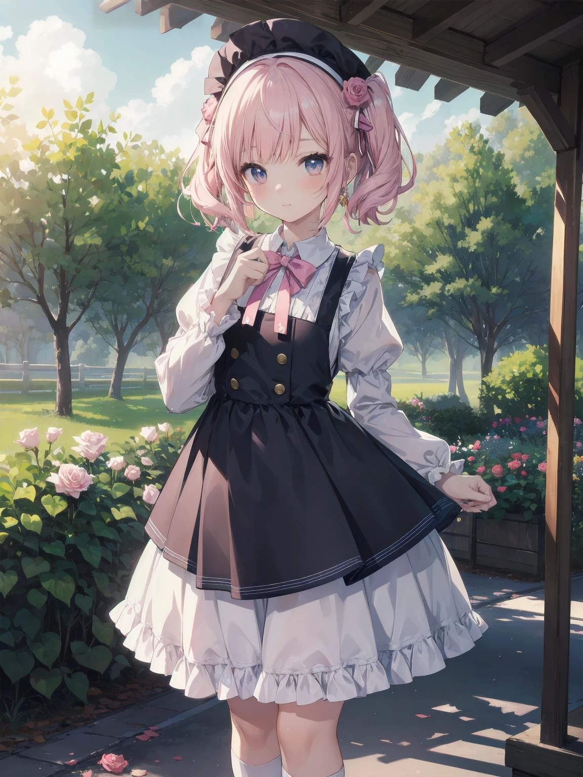 (Masterpiece: 1.2), (Best quality: 1.2), Superb resolution, Very detailed. BREAK. ((Anime girl in sweet lolita-inspired uniform)), clear girl, (1, Shy, 15 years old: 1.3), soft smile, demure pose, curly pastel hair, doe eyes, figure, (Top quality: 1.2), very high resolution, very detailed. Expressive eyes, beautifully detailed lips, high resolution detailed hair, perfect face, porcelain skin, delicate hands, perfect lighting. BREAK. ((Frilly lolita-style uniform with lace details)), ((Pink blouse with puff sleeves, white pinafore, rose patterns: 1.3)), knee-high socks with bows, platform shoes. BREAK. (School garden), flower beds, gazebo, fountain, soft sunlight, (cowboy shot composition: 1.2). BREAK. ((Positive: 1.3)). BREAK. Digital animation art, sweet lolita anime style illustration