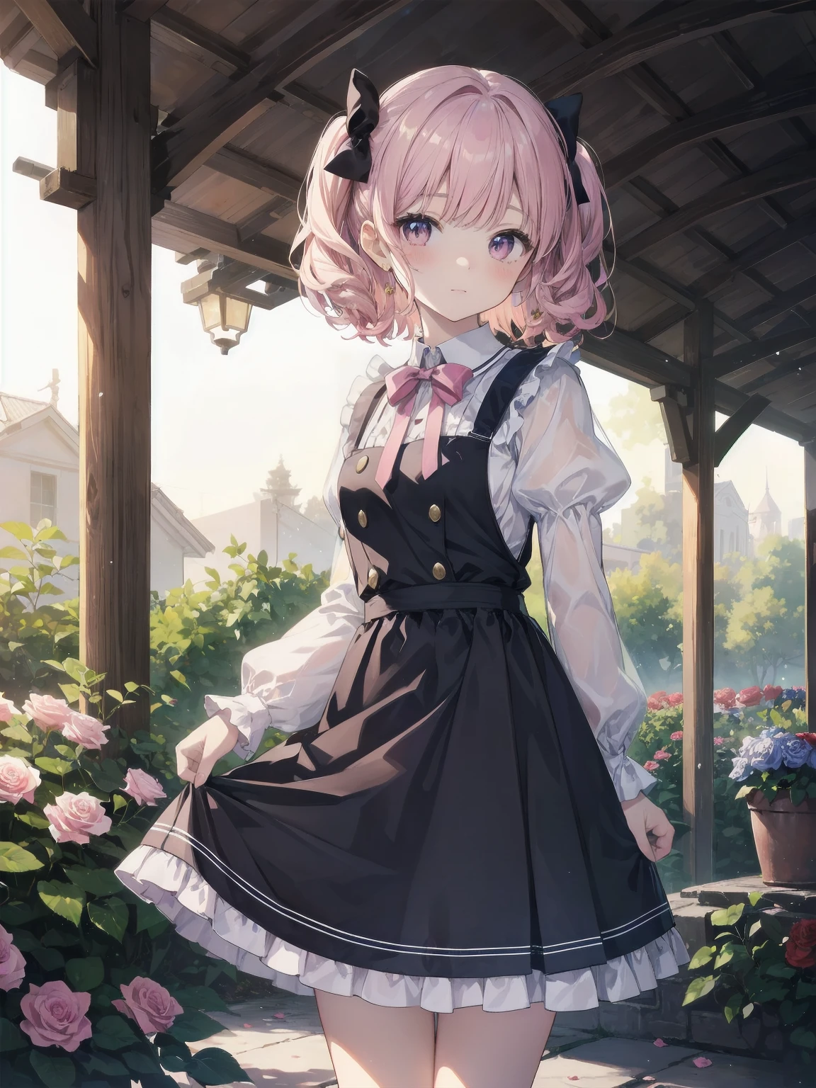 (Masterpiece: 1.2), (Best quality: 1.2), Superb resolution, Very detailed. BREAK. ((Anime girl in sweet ta-inspired uniform)), clear girl, (1, Shy, 15 y3), soft smile, demure pose, curly pastel hair, doe eyes, figure, (Top quality: 1.2), very high resolution, very detailed. Expressive eyes, beautifully detailed lips, high resolution detailed hair, perfect face, porcelain skin, delicate hands, perfect lighting. BREAK. ((Frilly lolita-style uni with lace details)), ((Pink blouse with puff sleeves, white pinafore, rose patterns: 1.3)), knee-high socks with bows, platform shoes. BREAK. (School garden), flower beds, gazebo, fountain, soft sunlight, (cowboy shot composition: 1.2). BREAK. ((Positive: 1.3)). BREAK. Digital animation art, sweet lolita anime style itration
