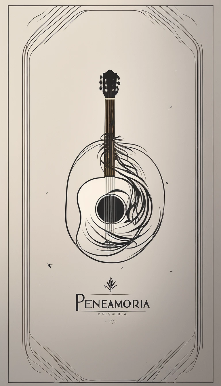 A minimal, high quality, modern, simple, cinematic symbol design for the brand “Penamemoria". The logotype must be a simple, magical feather and a boy playing acoustic guitar. The logo must convey a sense of music, stories and dreams. Logo design impressed on a book cover. Minimalistic logo
