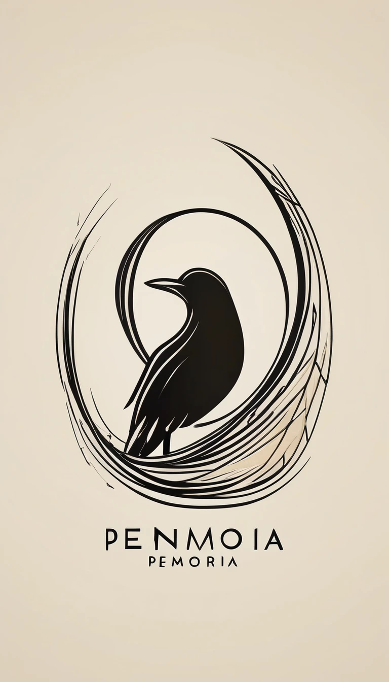 A minimal, high quality, modern, simple, cinematic symbol design for the brand “Penamemoria". The logotype must be a simple, magical feather and a boy playing acoustic guitar. The logo must convey a sense of music, stories and dreams. Logo design impressed on a book cover. Minimalistic logo
