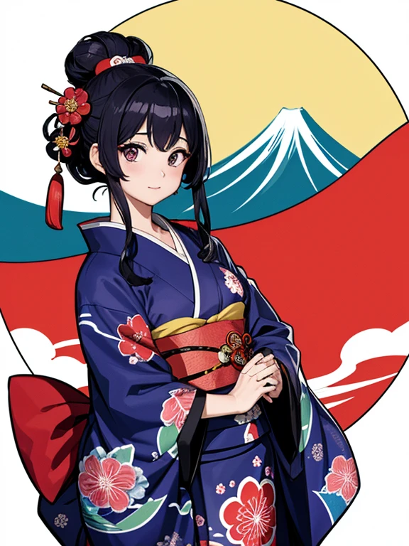 (Highest quality、masterpiece、High resolution、8K)、Ukiyo-e、Vibrant colors、Katsushika Hokusai、1 female、Black hair Japanese topknot、whole body、The kimono has a vivid floral pattern on a white background.、Official Art、背景はUkiyo-e風、White waves and Mt. Fuji、Flowers and Moon、White waves and the moon