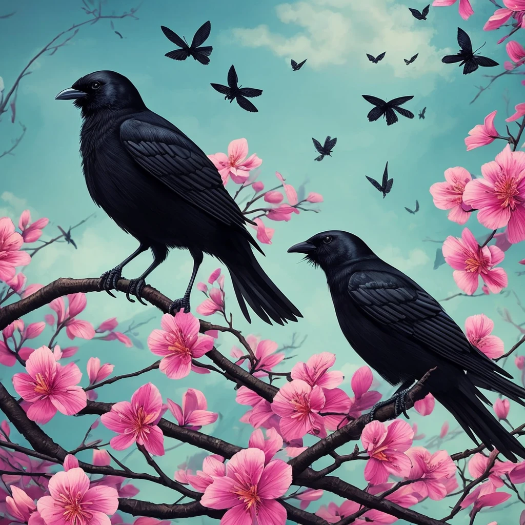 a black bird sitting on a branch with flowers and butterflies, cyberpunk art by Ryan Yee, trending on cgsociety, fantasy art, birds f cgsociety, 🌺 cgsociety, art contest winner on behance, crows beautiful, detailed crow illustration, jen bartel, beautiful illustration, trending on cgsociety art, cgsociety saturated colors, [ trending on cgsociety ]!!