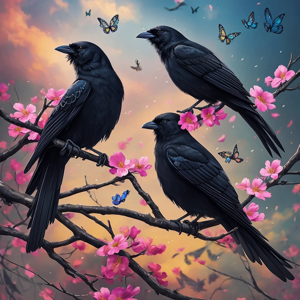 a black bird sitting on a branch with flowers and butterflies, cyberpunk art by Ryan Yee, trending on cgsociety, fantasy art, birds f cgsociety, 🌺 cgsociety, art contest winner on behance, crows beautiful, detailed crow illustration, jen bartel, beautiful illustration, trending on cgsociety art, cgsociety saturated colors, [ trending on cgsociety ]!!