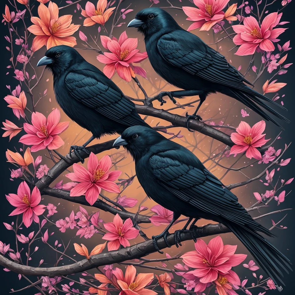 a black bird sitting on a branch with flowers and butterflies, cyberpunk art by Ryan Yee, trending on cgsociety, fantasy art, birds f cgsociety, 🌺 cgsociety, art contest winner on behance, crows beautiful, detailed crow illustration, jen bartel, beautiful illustration, trending on cgsociety art, cgsociety saturated colors, [ trending on cgsociety ]!!