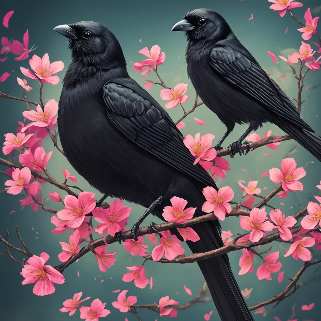 a black bird sitting on a branch with flowers and butterflies, cyberpunk art by Ryan Yee, trending on cgsociety, fantasy art, birds f cgsociety, 🌺 cgsociety, art contest winner on behance, crows beautiful, detailed crow illustration, jen bartel, beautiful illustration, trending on cgsociety art, cgsociety saturated colors, [ trending on cgsociety ]!!