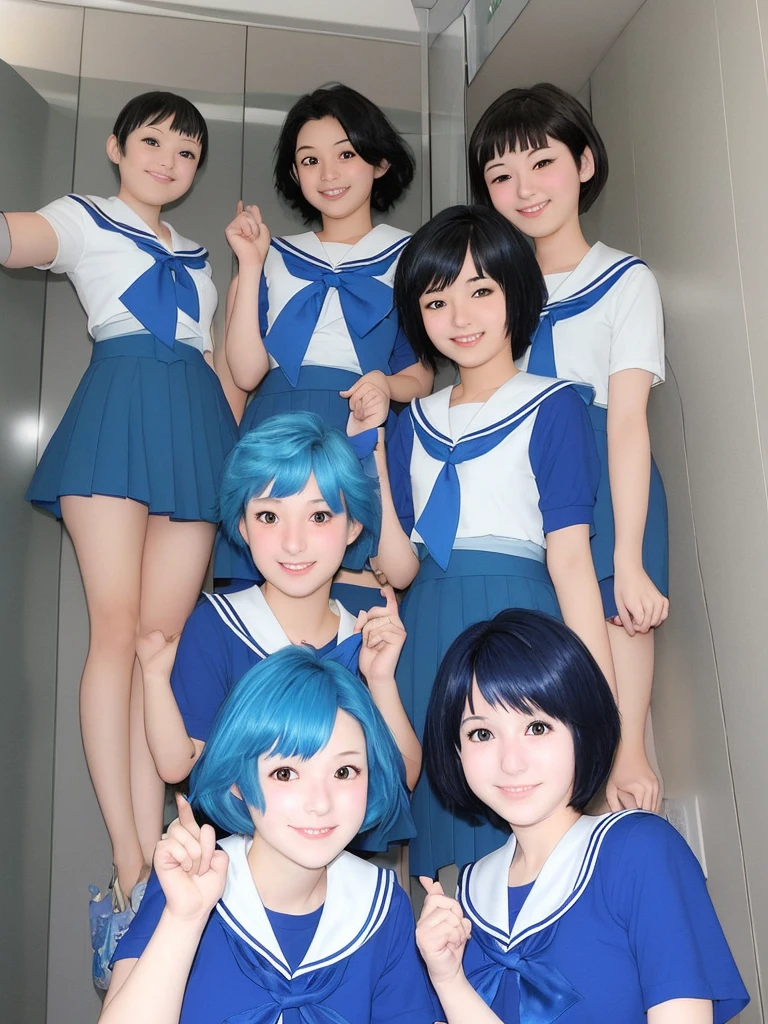 Japanese、middle School girls、14 years old、Sailor Mercury Cosplay、short hair、Light blue hair、smile、Pose Elevator