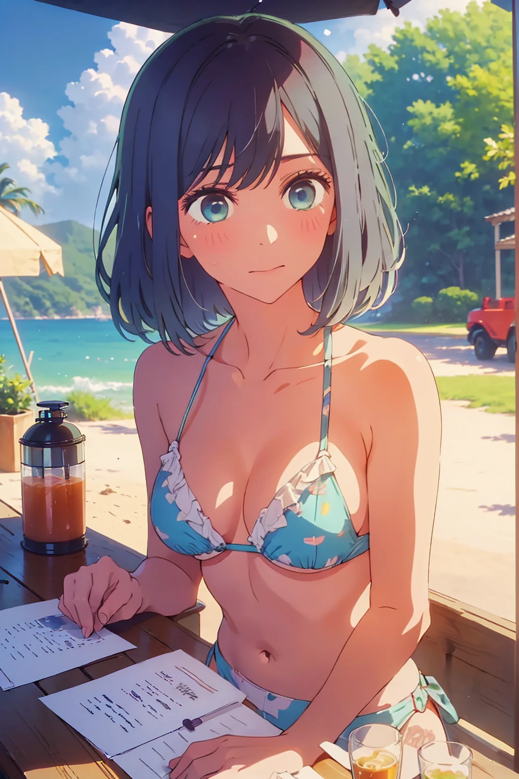 (Highest quality:1.4、masterpiece:1.4、Super detailed:1.4、8K:1.4)、((((1 person、Surprised expression、sit、Outdoor café terrace、coastal、juice、table、Sandy Beach、juiceのグラスを持つ、Plain Bikini、The depth of the written world、Very soft boobs、Big eyes、Very cute face))))、F cup bust、Medium breast、Underboob、Sideboob、Bikini with strings