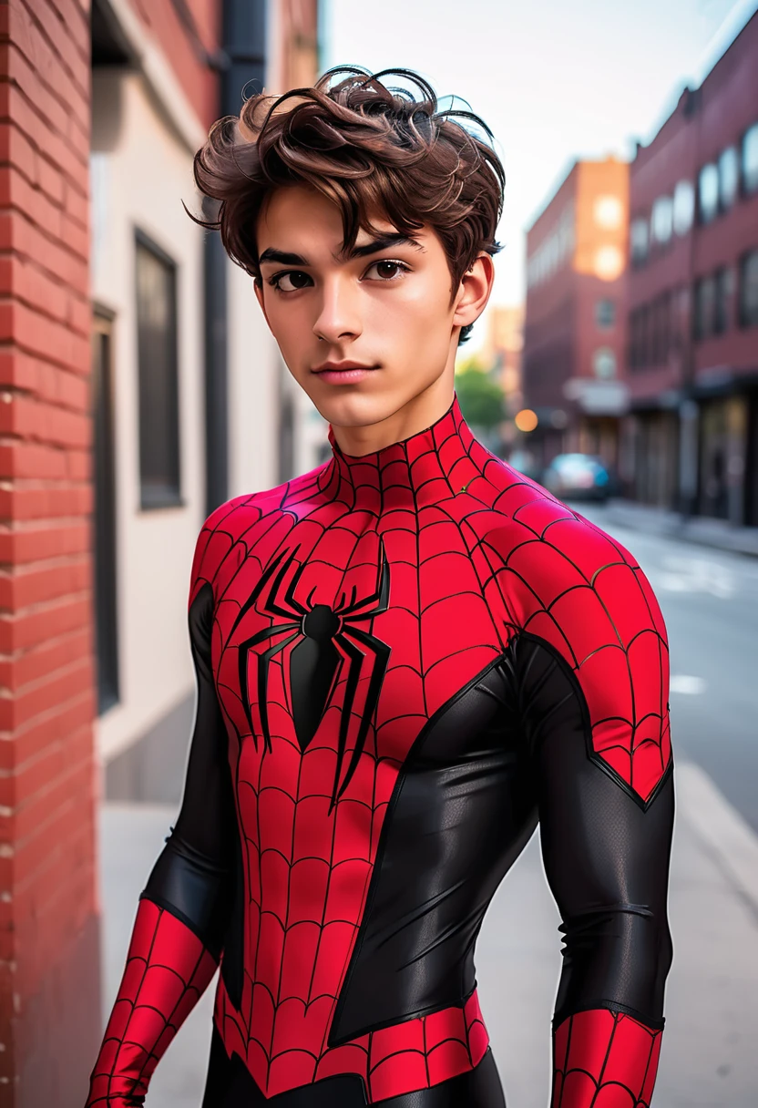 A twenty year old handsome hispanic. with short brown hair cosplaying a red and black spiderman suit. Well toned body and sharp jawline