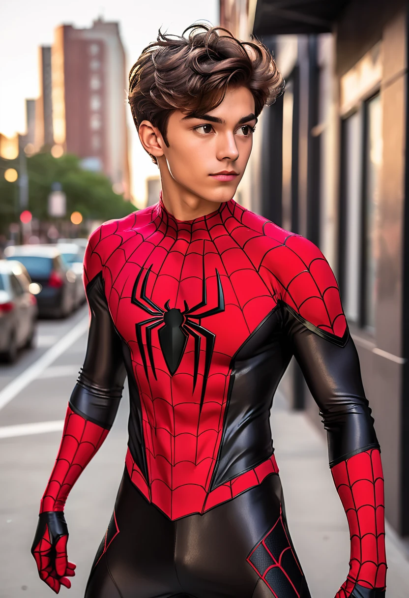 A twenty year old handsome hispanic. with short brown hair cosplaying a red and black spiderman suit. Well toned body and sharp jawline