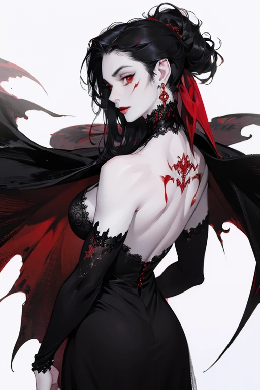 (back view:1.4),((ultra realistic illustration:1.2)),(dark fantasy:1.4), (seductive). In a ornate bed chamber. Beautiful vampiress. long black hair, red eyes, ((very pale:1.4)), beautifully fit figure, natural perky breasts. Blood red lipstick, long sheer gown, .Masterpiece, (highly detailed:1.2),(detailed face and eyes:1.2), 8k wallpaper, natural lighting. core shadows, high contrast, bokeh.
